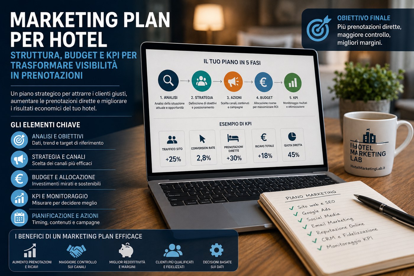 Marketing plan per hotel: struttura, budget e KPI per trasformare visibilità in prenotazioni